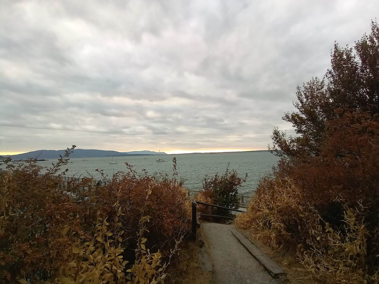 Gravel path through autumn shrubs on the South Bay Trail opening onto Bellingham Bay, with sailboats and the hills of Lummi Island under a cloudy sky